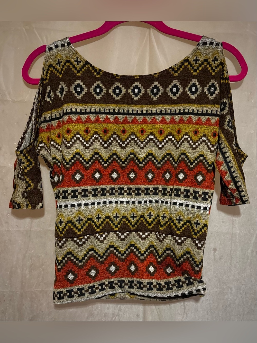 Eclipse-Boho Aztec Knit Top in Brown, Rust & Mustard-Cold Shoulder-Summer Shirt